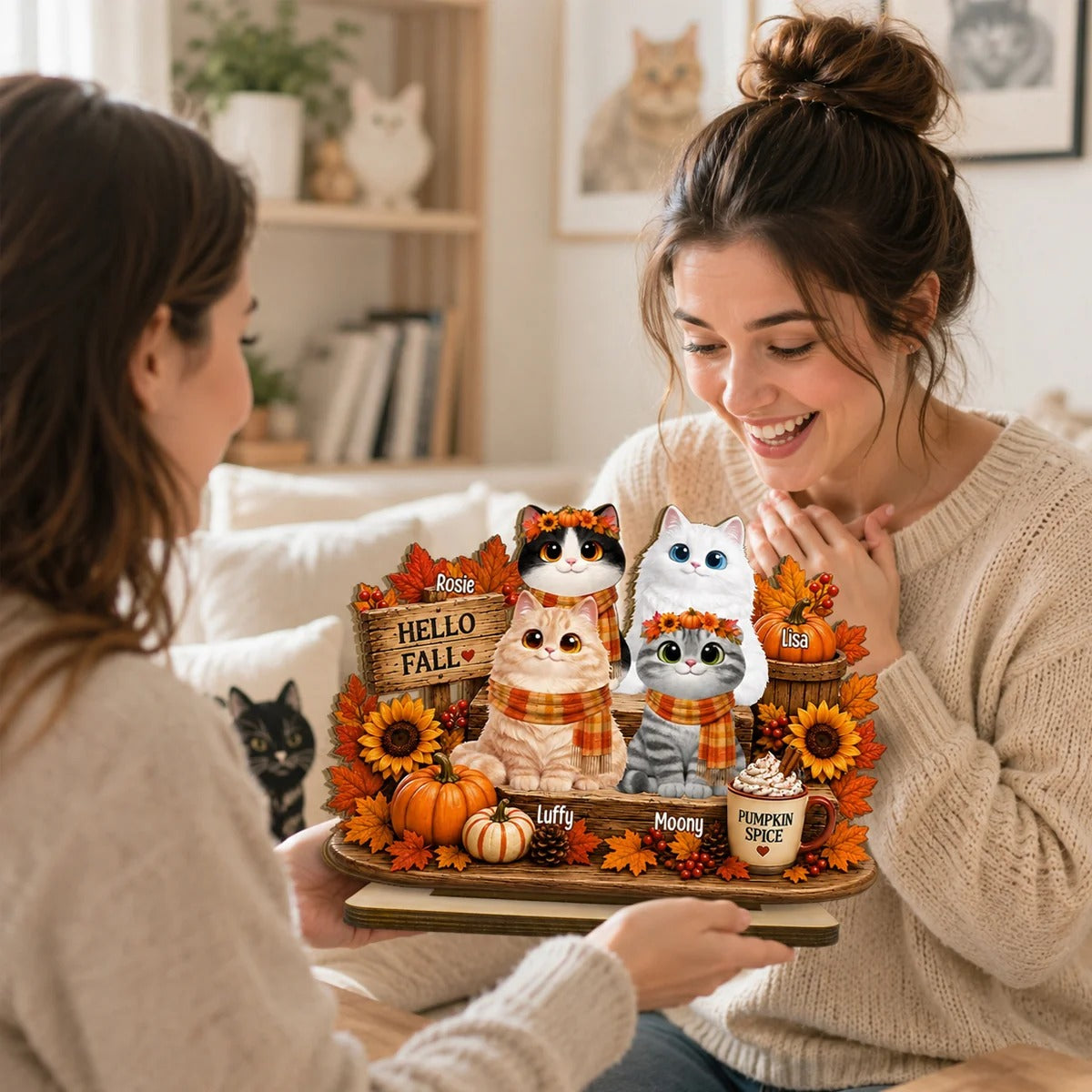 Hello Fall Cute Cats Sitting - Personalized 2-Layered Wooden Plaque - Cozy Fall Decor for Cat Moms, Cat Lovers
