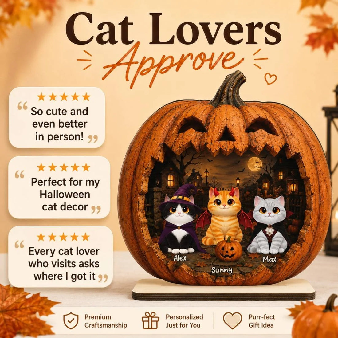 Spooky Halloween Pumpkin Cats 2D Flat Printed - Personalized 2-Layered Wooden Plaque - Halloween Decor For Cat Lovers