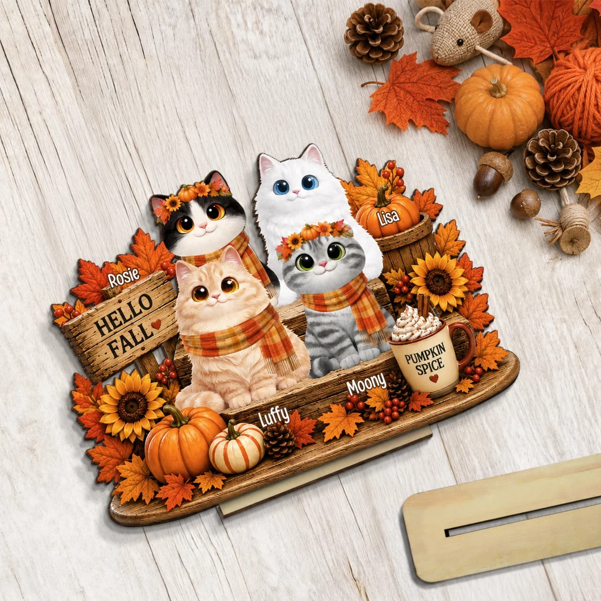 Hello Fall Cute Cats Sitting - Personalized 2-Layered Wooden Plaque - Cozy Fall Decor for Cat Moms, Cat Lovers