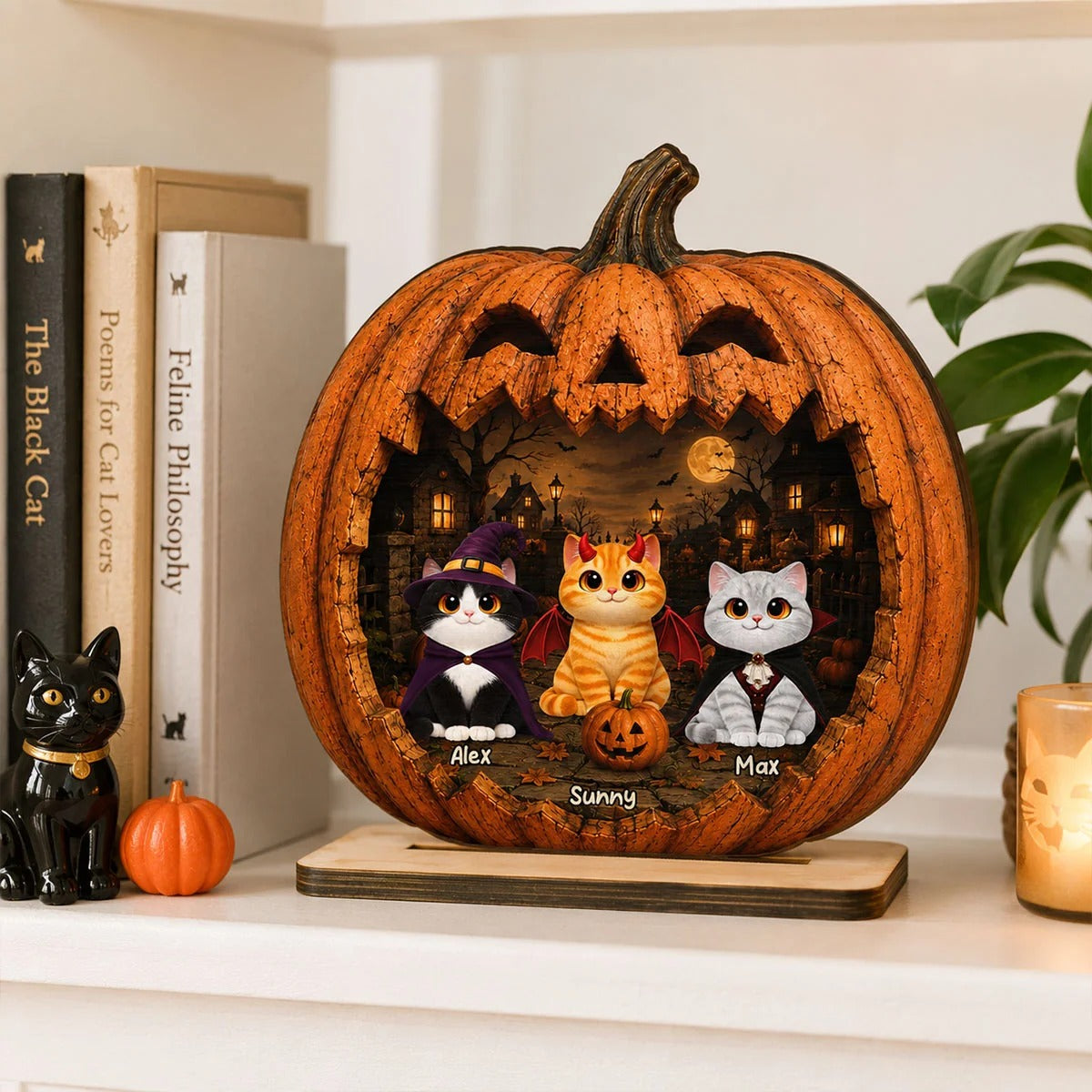 Spooky Halloween Pumpkin Cats 2D Flat Printed - Personalized 2-Layered Wooden Plaque - Halloween Decor For Cat Lovers