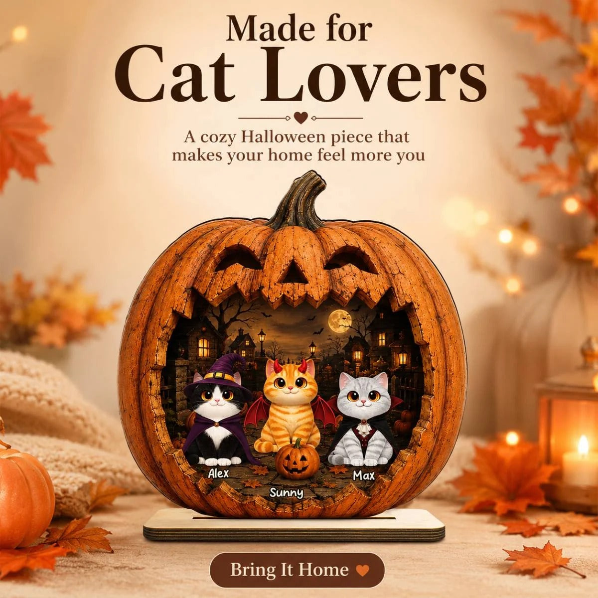 Spooky Halloween Pumpkin Cats 2D Flat Printed - Personalized 2-Layered Wooden Plaque - Halloween Decor For Cat Lovers