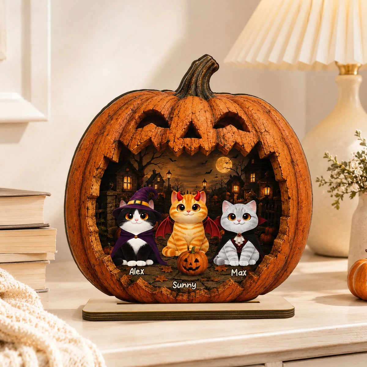 Spooky Halloween Pumpkin Cats 2D Flat Printed - Personalized 2-Layered Wooden Plaque - Halloween Decor For Cat Lovers