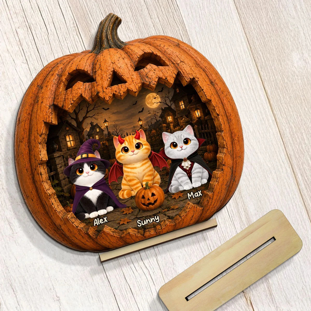 Spooky Halloween Pumpkin Cats 2D Flat Printed - Personalized 2-Layered Wooden Plaque - Halloween Decor For Cat Lovers