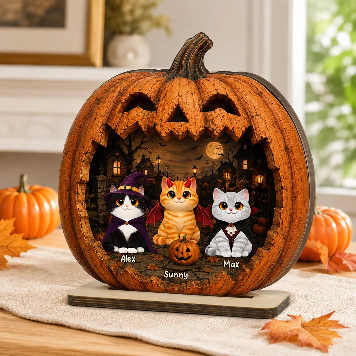 Spooky Halloween Pumpkin Cats 2D Flat Printed - Personalized 2-Layered Wooden Plaque - Halloween Decor For Cat Lovers