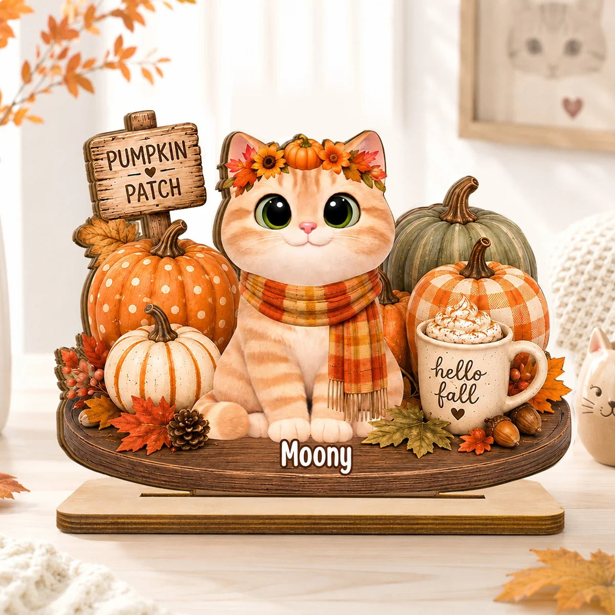 Hello Fall Cute Cats Sitting - Personalized 2-Layered Wooden Plaque - Cozy Fall Decor for Cat Moms, Cat Lovers