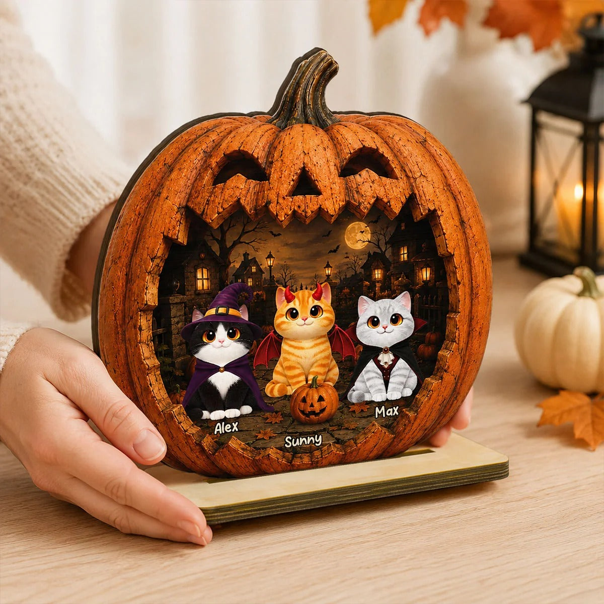 Spooky Halloween Pumpkin Cats 2D Flat Printed - Personalized 2-Layered Wooden Plaque - Halloween Decor For Cat Lovers