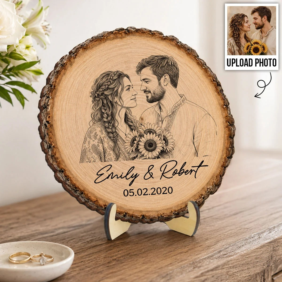 Sketch Style Couple Forever Love Custom Photo - Personalized 2-Layered Wooden Plaque - Anniversary Gift, Wedding Gift For Couple