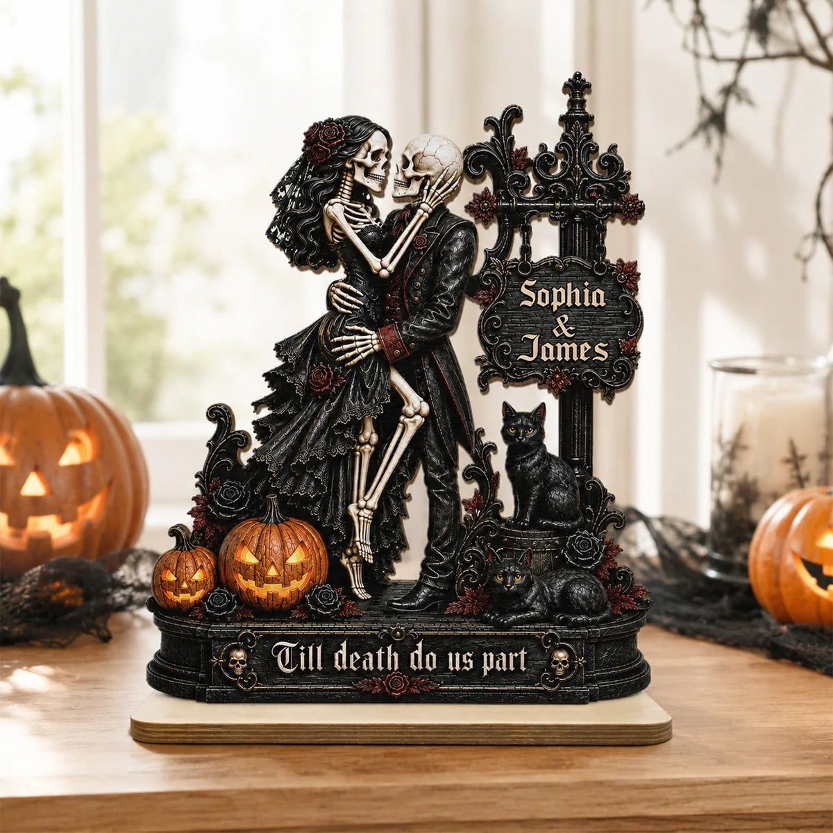 Skeleton Couple Kissing Under Sign Post 2D Flat - Personalized 2-Layered Wooden Plaque - Halloween Decor For Couple