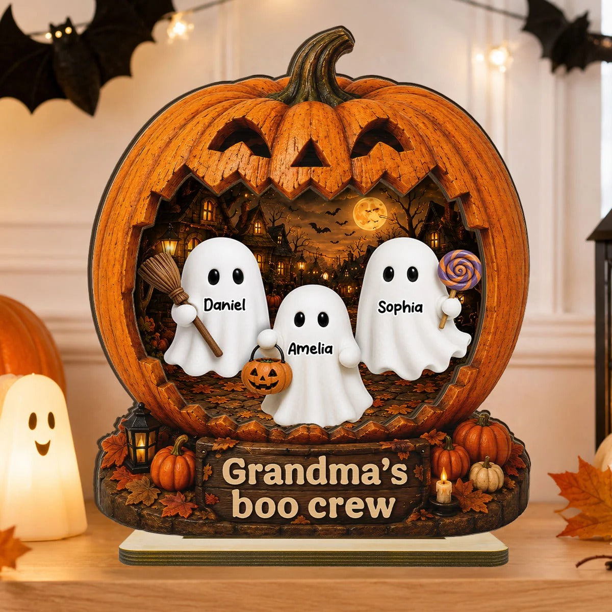 Spooky Halloween Pumpkin Grandma's Boo Crew - Personalized 2-Layered Wooden Plaque - Halloween Decor For Grandma