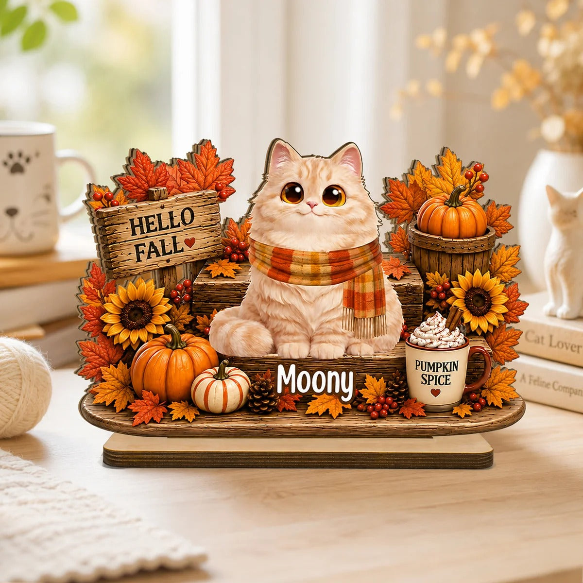 Hello Fall Cute Cats Sitting - Personalized 2-Layered Wooden Plaque - Cozy Fall Decor for Cat Moms, Cat Lovers