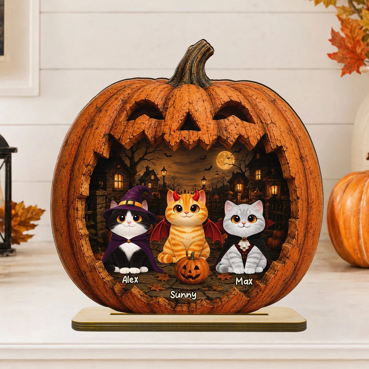 Spooky Halloween Pumpkin Cats 2D Flat Printed - Personalized 2-Layered Wooden Plaque - Halloween Decor For Cat Lovers