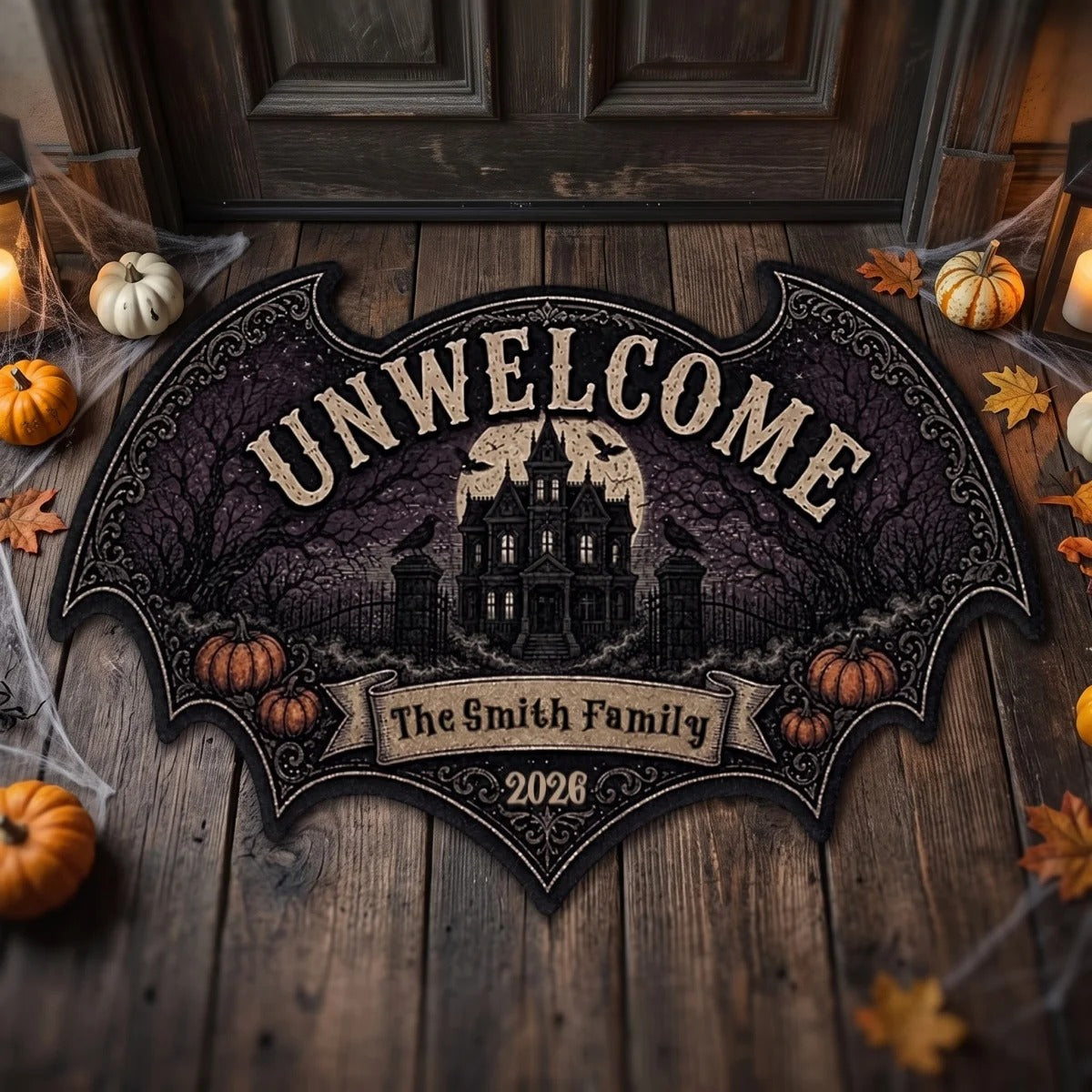 Personalized Bat Halloween Shaped Doormat - Gothic Haunted House Design - Unique Gift For Families
