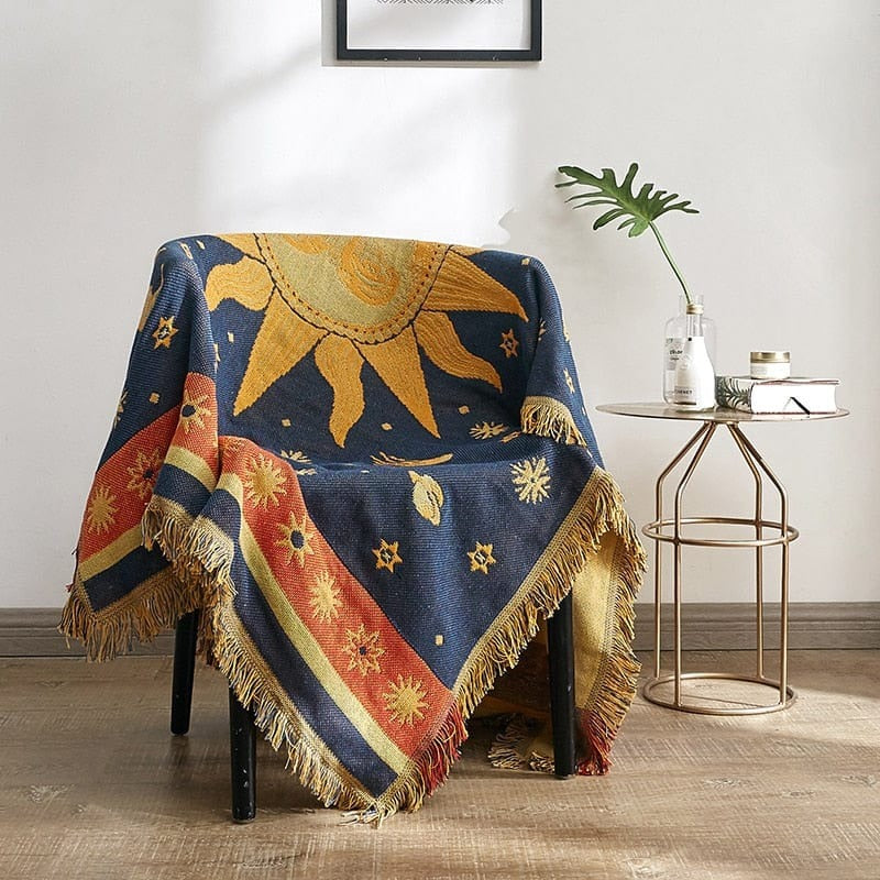 Celestial Sun & Moon Cotton Linen Woven Line Blanket Sofa Towel EM8