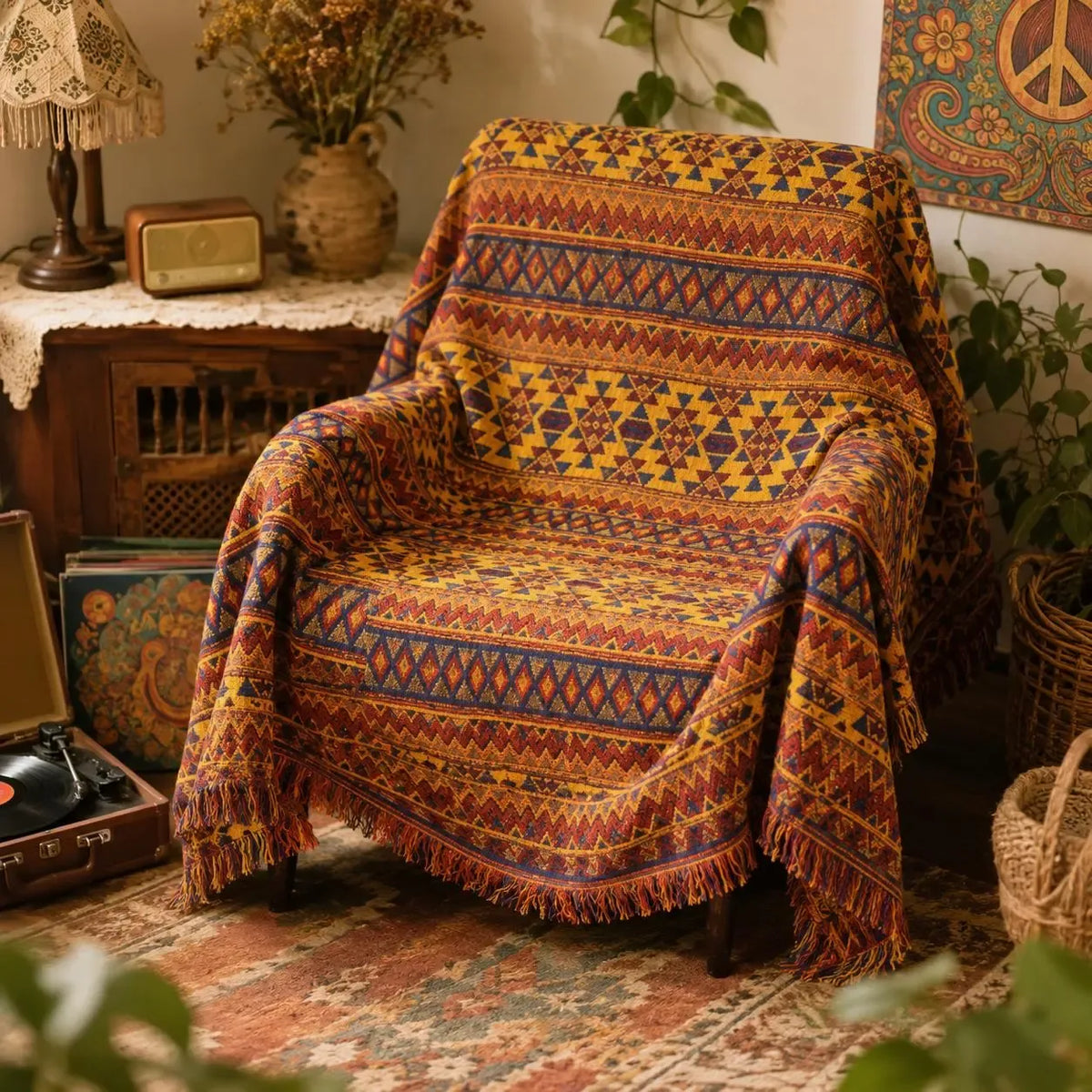 Retro Boho Cotton Linen Woven Line Blanket Sofa Towel EM2