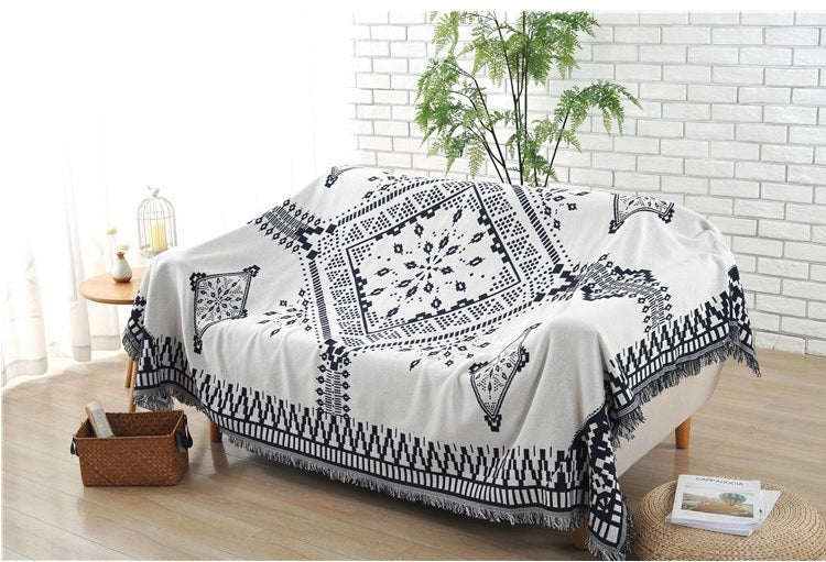 Black and White Patterned Cotton Linen Woven Line Blanket Sofa Towel EM5