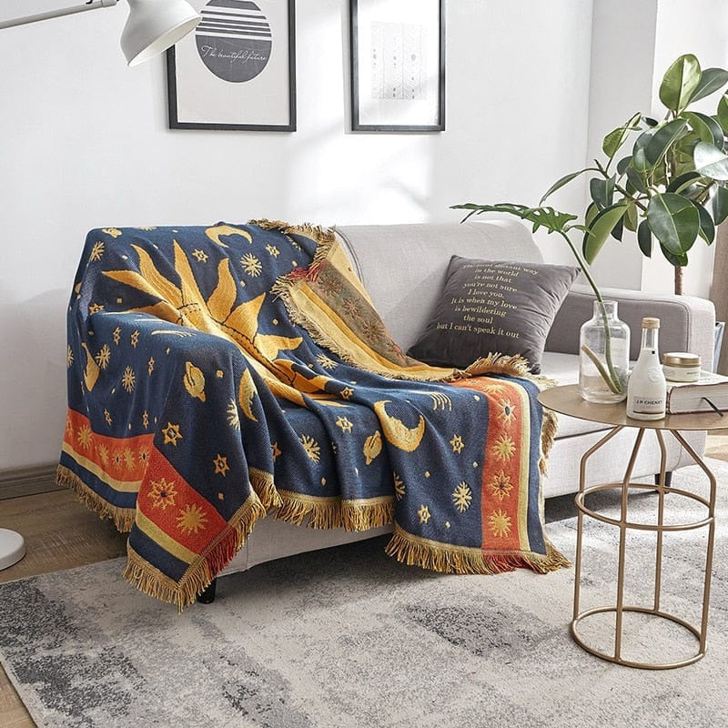 Celestial Sun & Moon Cotton Linen Woven Line Blanket Sofa Towel EM8