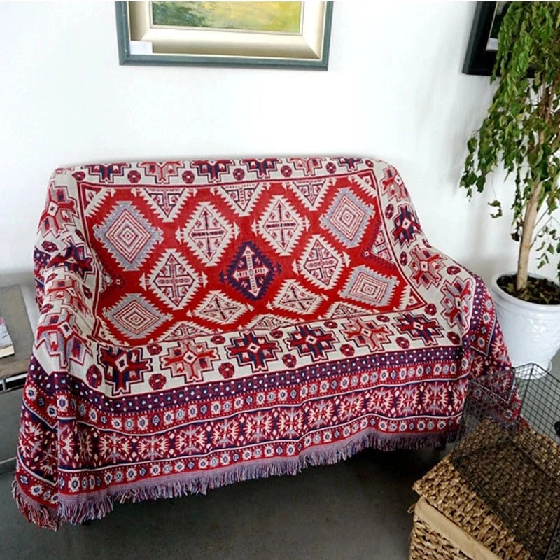 Vintage Bohemian Cotton Linen Woven Line Blanket Sofa Towel EM3