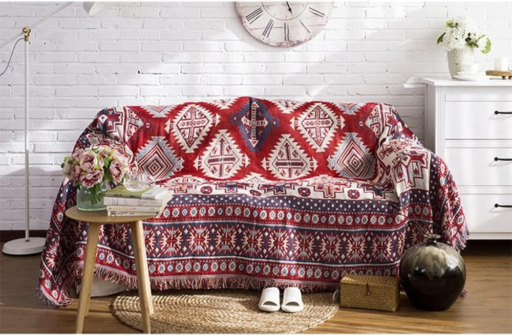 Vintage Bohemian Cotton Linen Woven Line Blanket Sofa Towel EM3