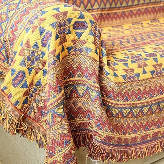 Retro Boho Cotton Linen Woven Line Blanket Sofa Towel EM2