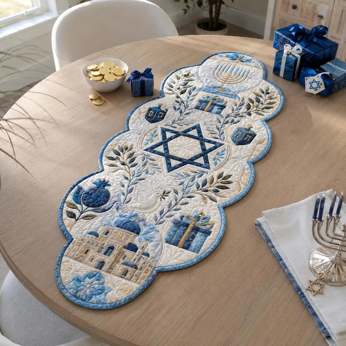 Hanukkah Gift Garden Custom Shape Quilted Table Runner SN0DV388