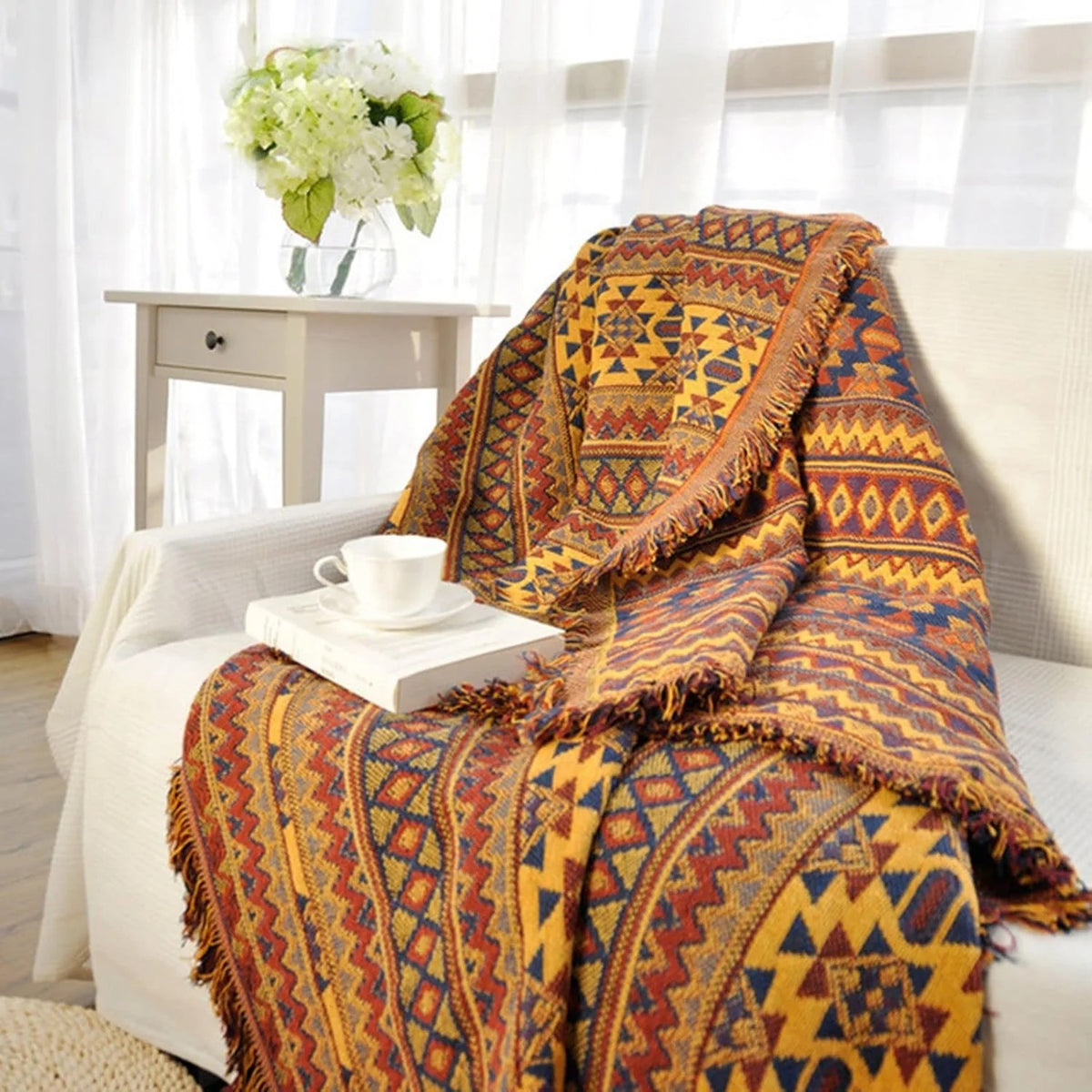 Retro Boho Cotton Linen Woven Line Blanket Sofa Towel EM2