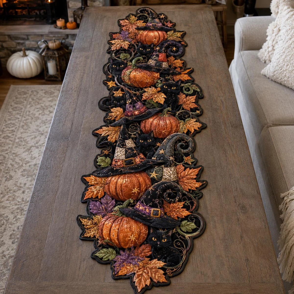 Autumn Pumpkin Harvest Custom Shape Quilted Table Runner SN0DV135