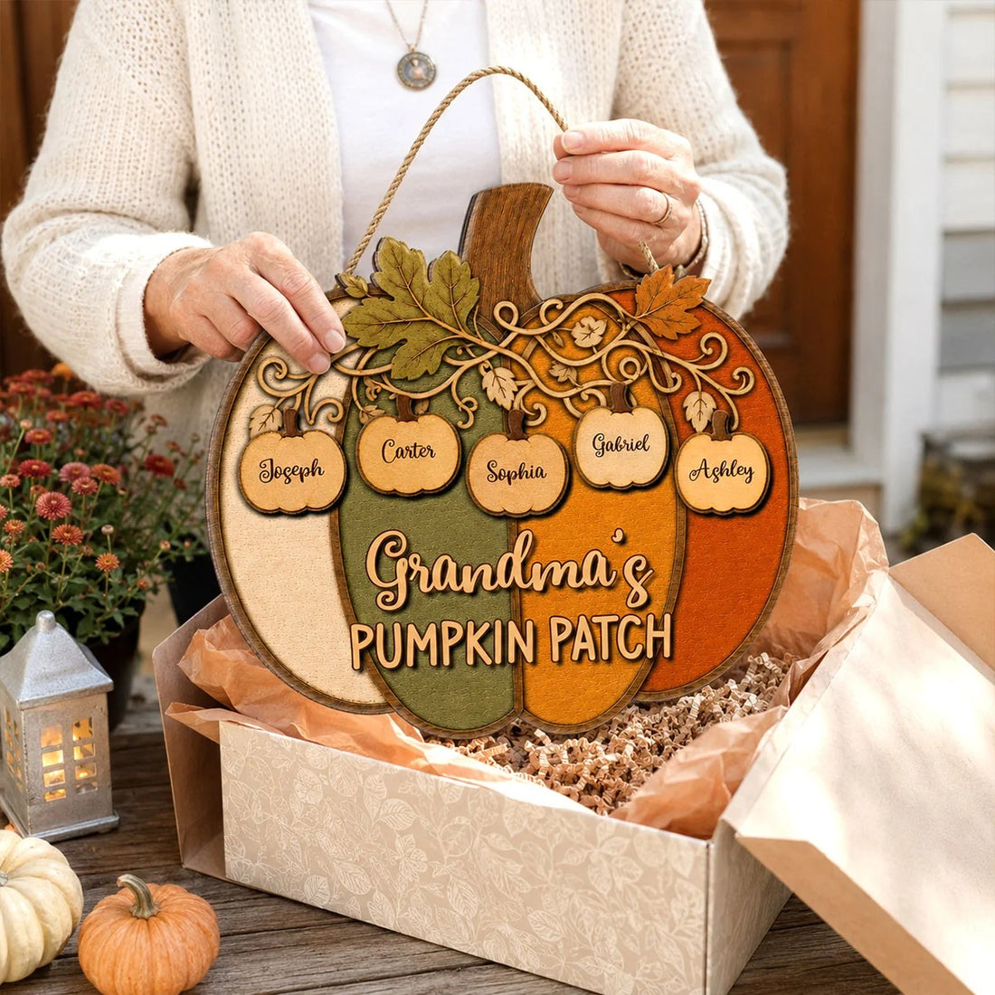 Grandma Grandpa Colorful Pumpkin 2D Flat - Personalized Wood Sign - Fall Season Decoration