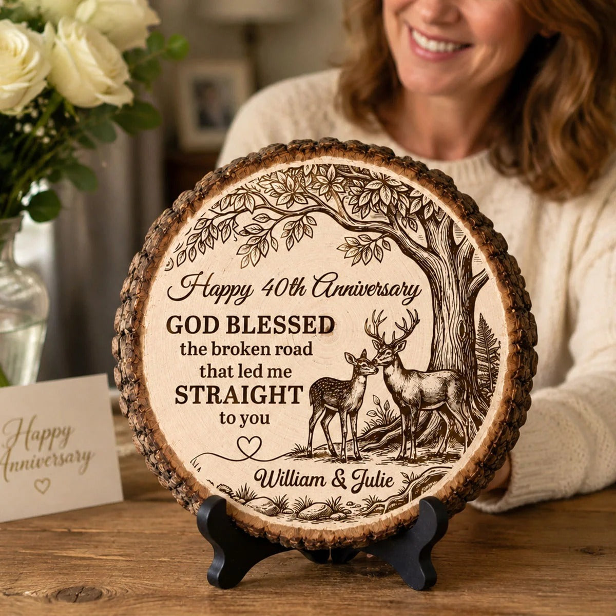 God Blessed Broken Road Deer Anniversary - Personalized Round Wood Slice
