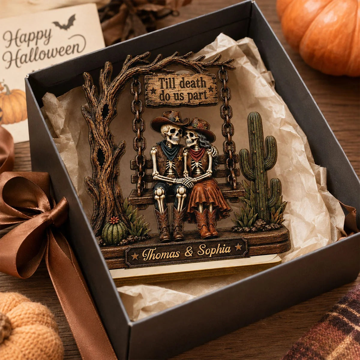 Till Death Do Us Part Cowboy Skeleton Couple 2D Flat - Personalized 2-Layered Wooden Plaque - Western Country Vibe Halloween Decor For Couple