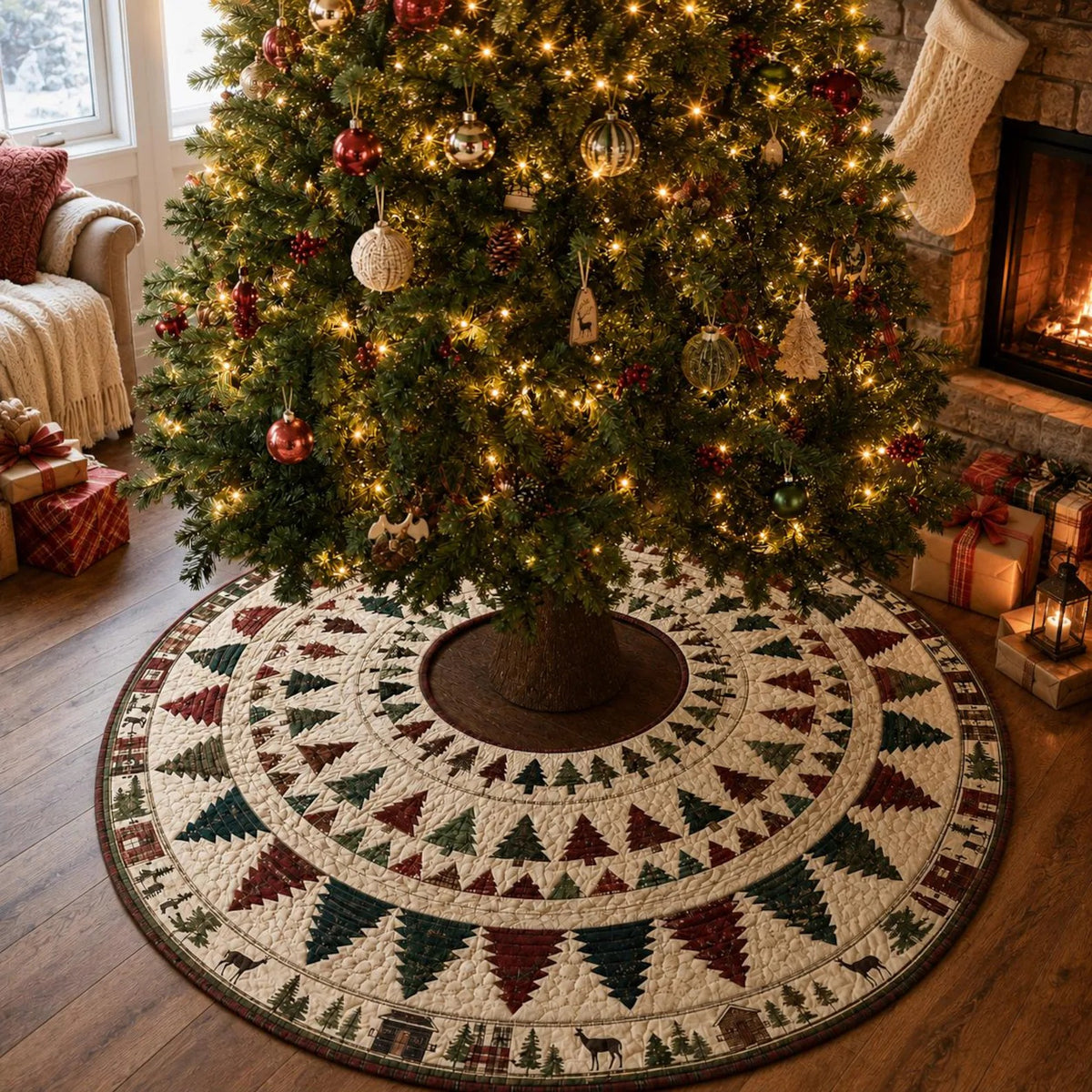 Quilted Christmas Tree Skirt, Patchwork Pine Tree Skirt, Farmhouse Holiday Decor, Rustic Christmas Tree Mat