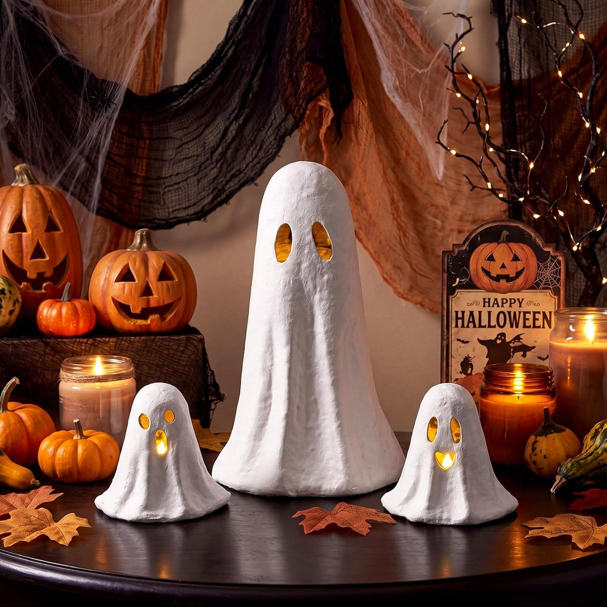 Ctosree 3 Pcs Lighted Halloween Paper Mache Ghost Table Decoration
