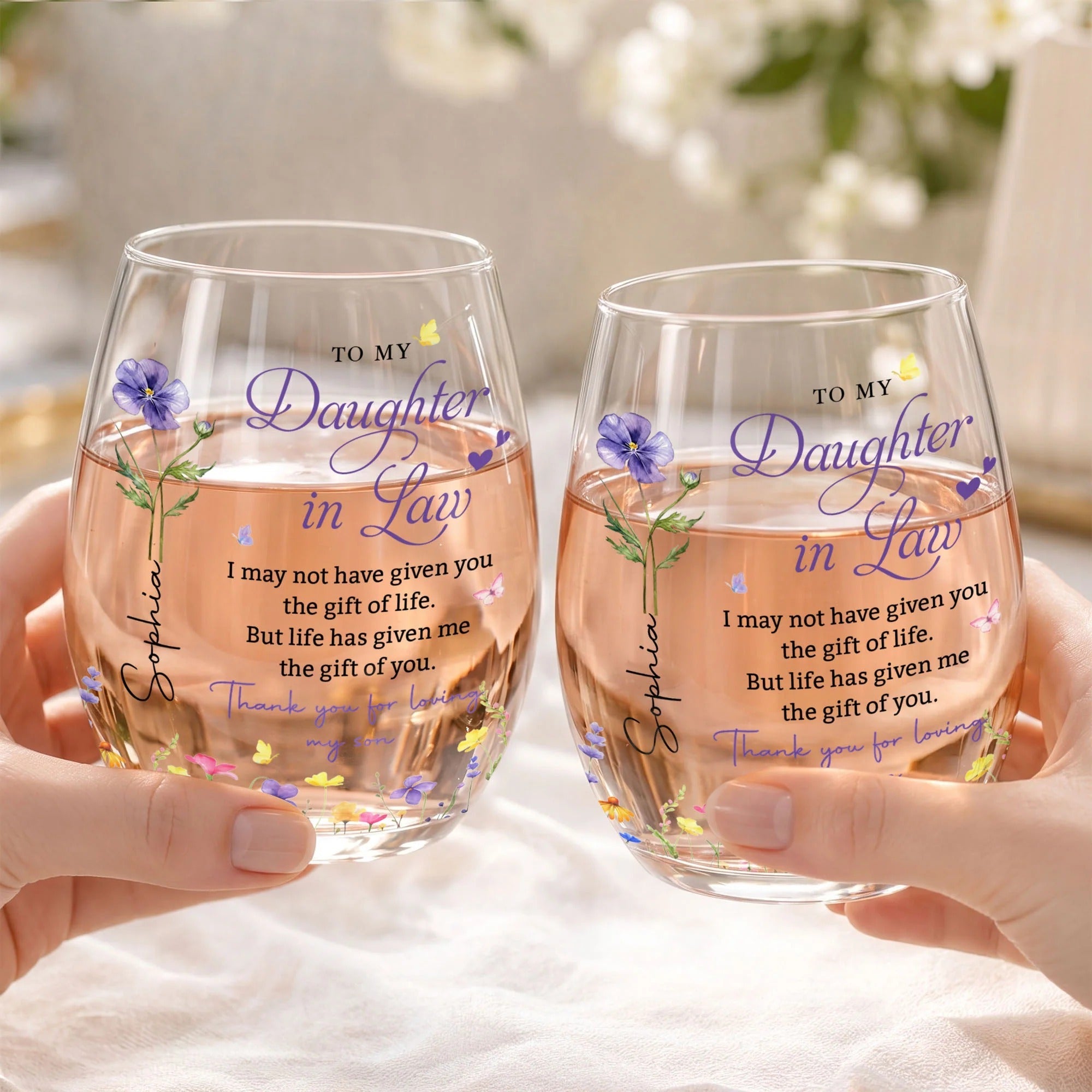 To My Daughter In Law Gift, Stemless Wine Glass, Personalized Flower Gift