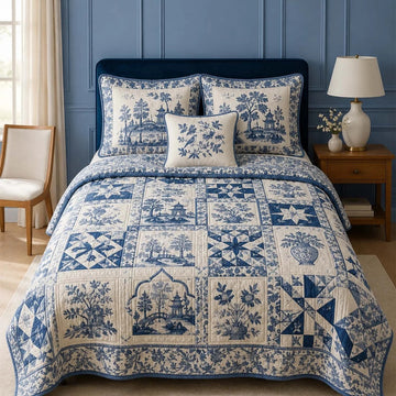 Blue & White Chinoiserie Patchwork Quilted Bedding Set QV92
