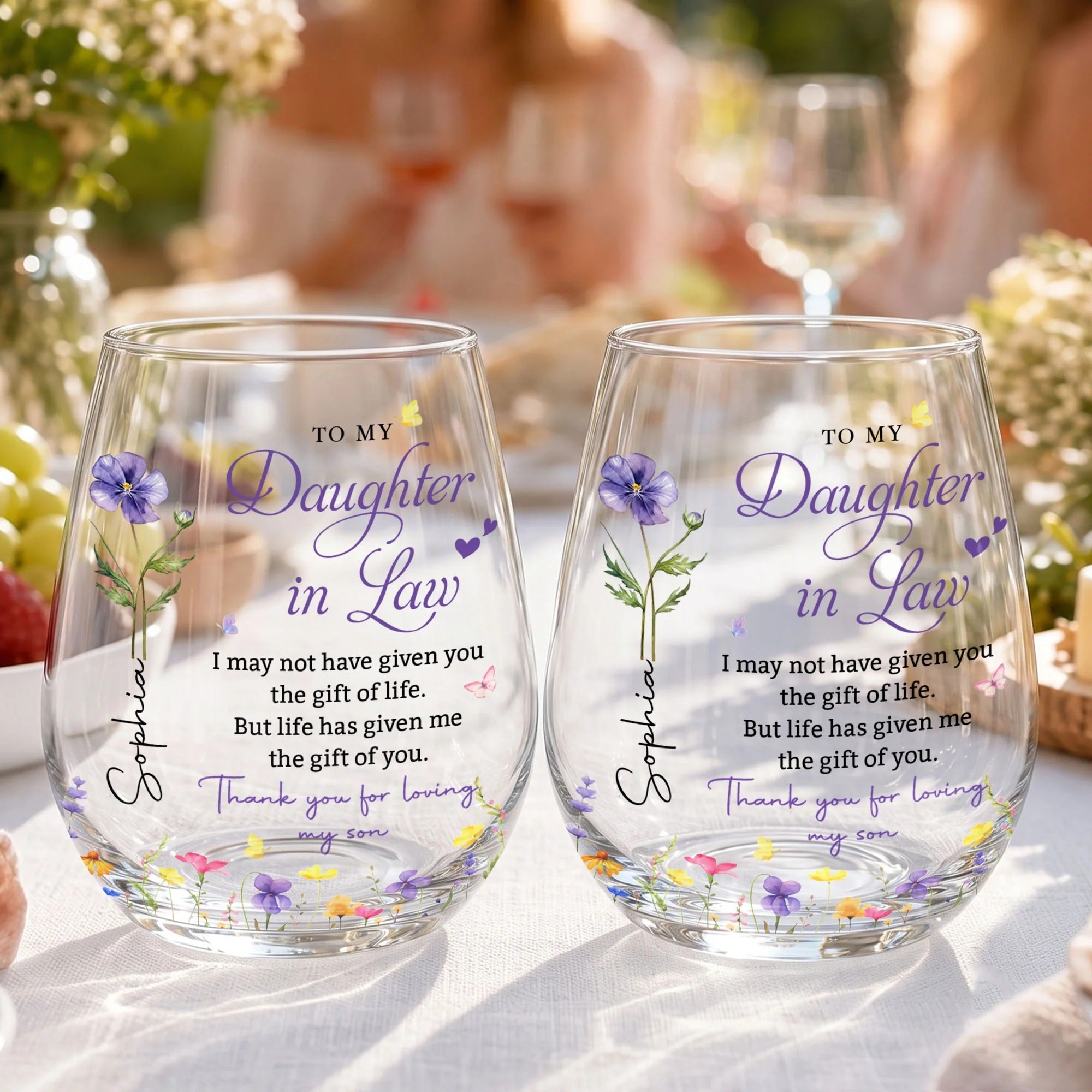 To My Daughter In Law Gift, Stemless Wine Glass, Personalized Flower Gift