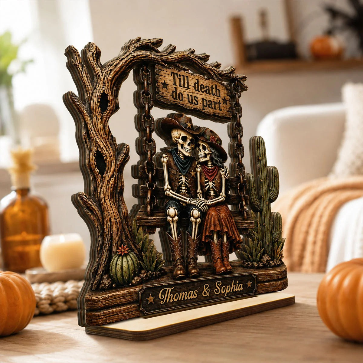 Till Death Do Us Part Cowboy Skeleton Couple 2D Flat - Personalized 2-Layered Wooden Plaque - Western Country Vibe Halloween Decor For Couple