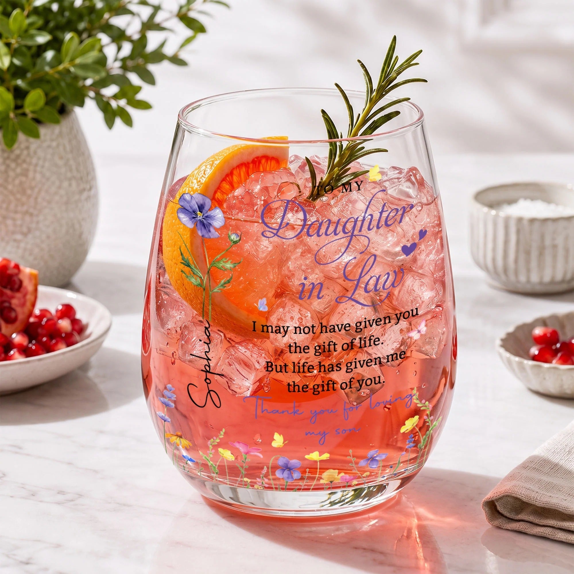 To My Daughter In Law Gift, Stemless Wine Glass, Personalized Flower Gift