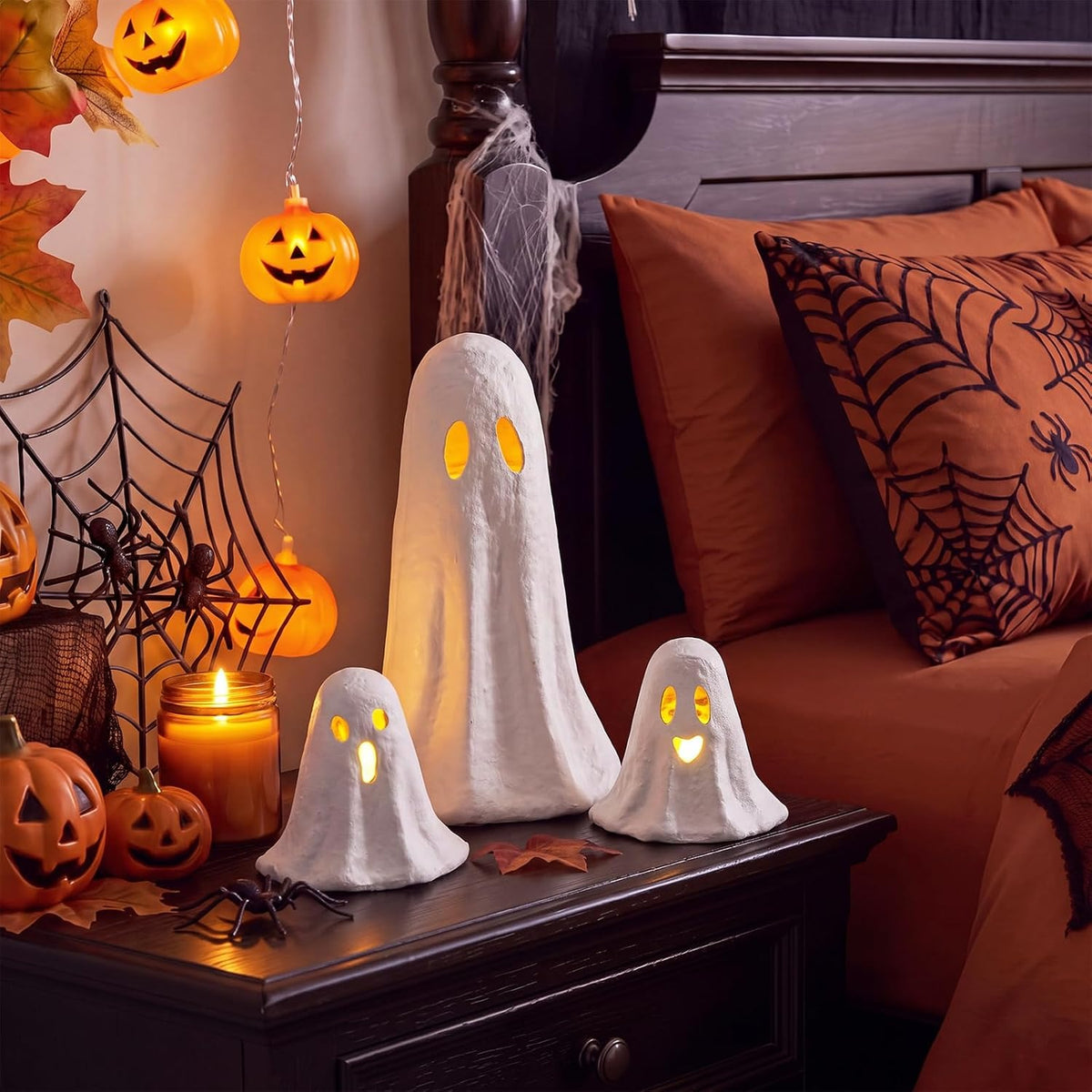 Ctosree 3 Pcs Lighted Halloween Paper Mache Ghost Table Decoration