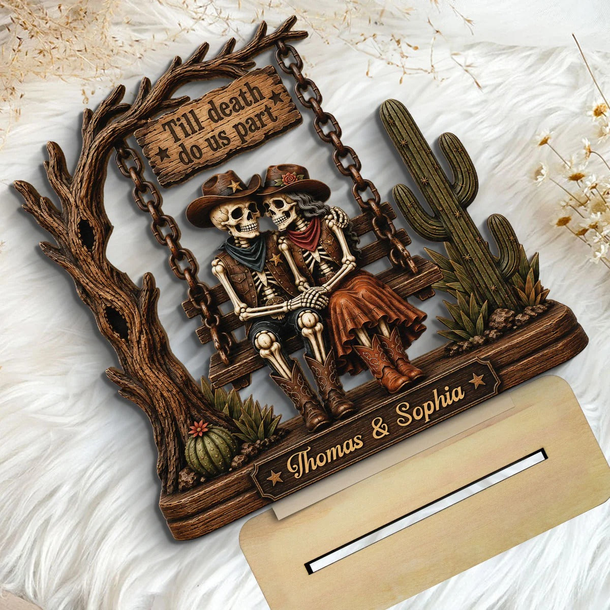 Till Death Do Us Part Cowboy Skeleton Couple 2D Flat - Personalized 2-Layered Wooden Plaque - Western Country Vibe Halloween Decor For Couple