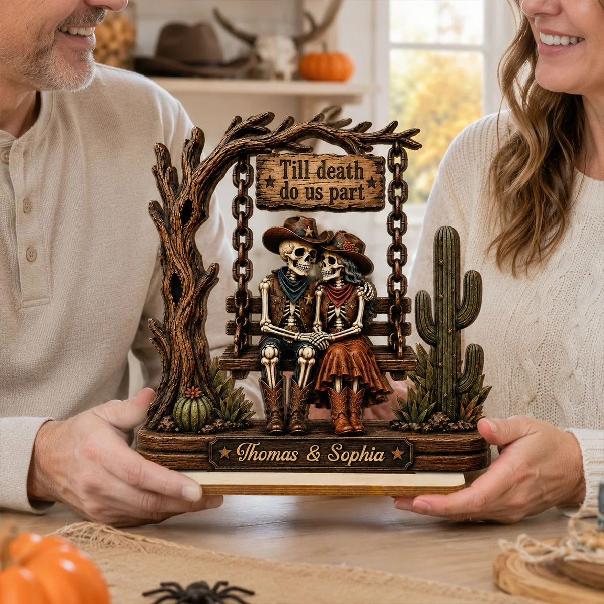 Till Death Do Us Part Cowboy Skeleton Couple 2D Flat - Personalized 2-Layered Wooden Plaque - Western Country Vibe Halloween Decor For Couple