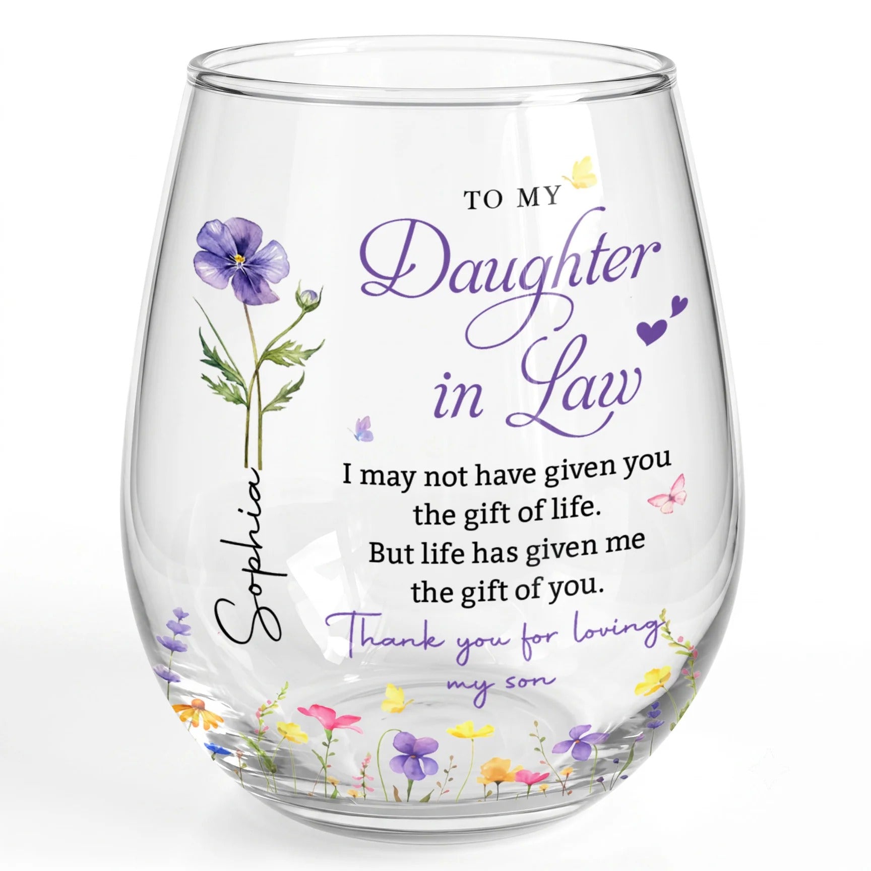 To My Daughter In Law Gift, Stemless Wine Glass, Personalized Flower Gift