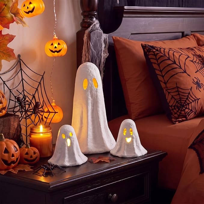 Ctosree 3 Pcs Lighted Halloween Paper Mache Ghost Table Decoration