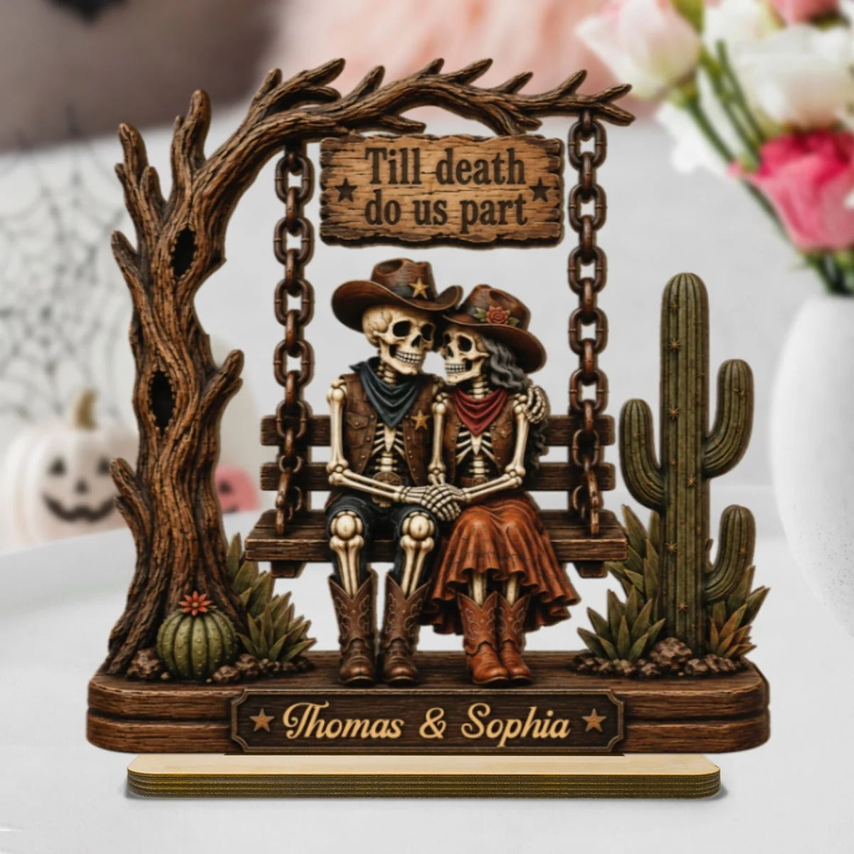 Till Death Do Us Part Cowboy Skeleton Couple 2D Flat - Personalized 2-Layered Wooden Plaque - Western Country Vibe Halloween Decor For Couple