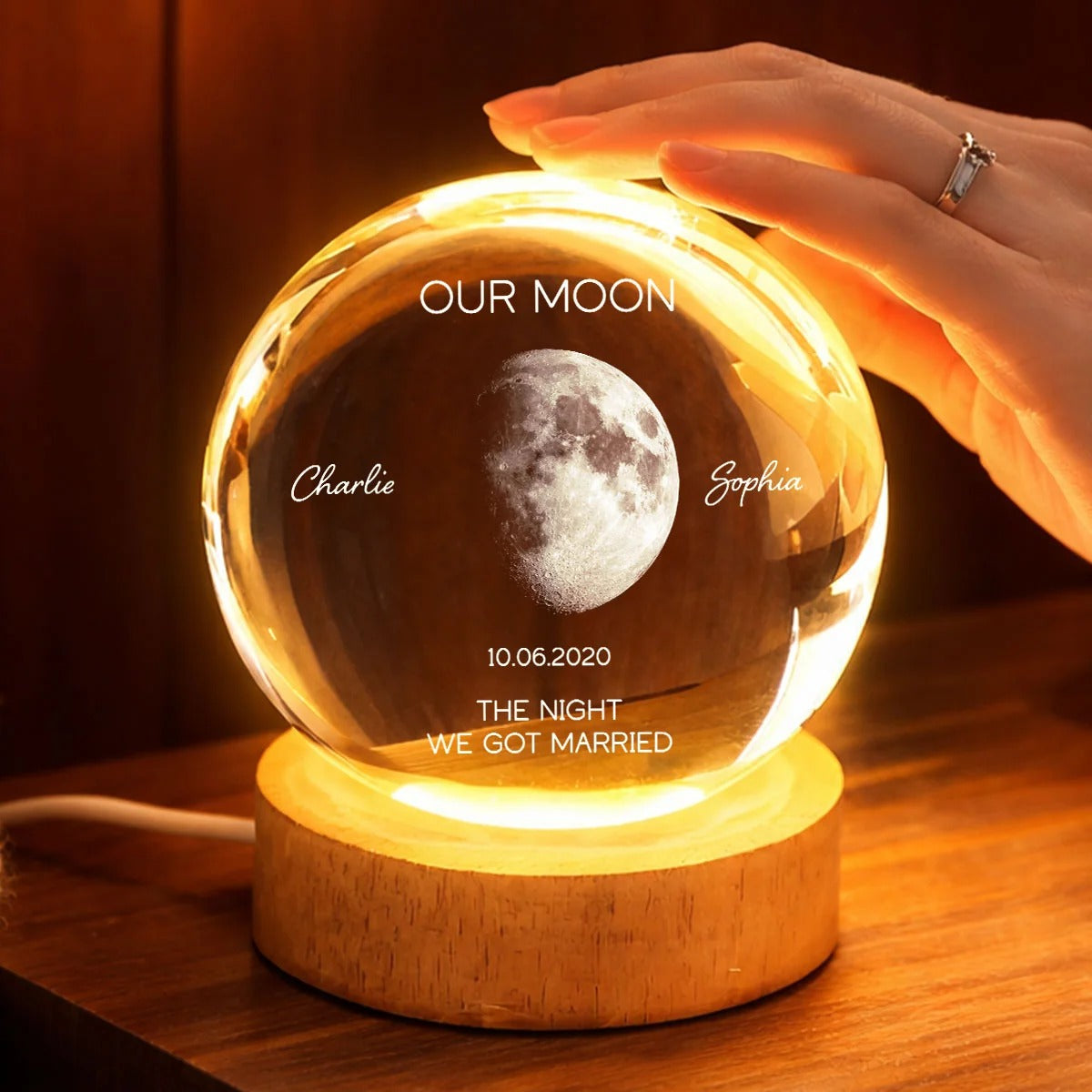 Personalized Moon Phase Crystal Ball Night Light - Custom Date Gift for Mom & Her - Unique Anniversary or Birthday Keepsake