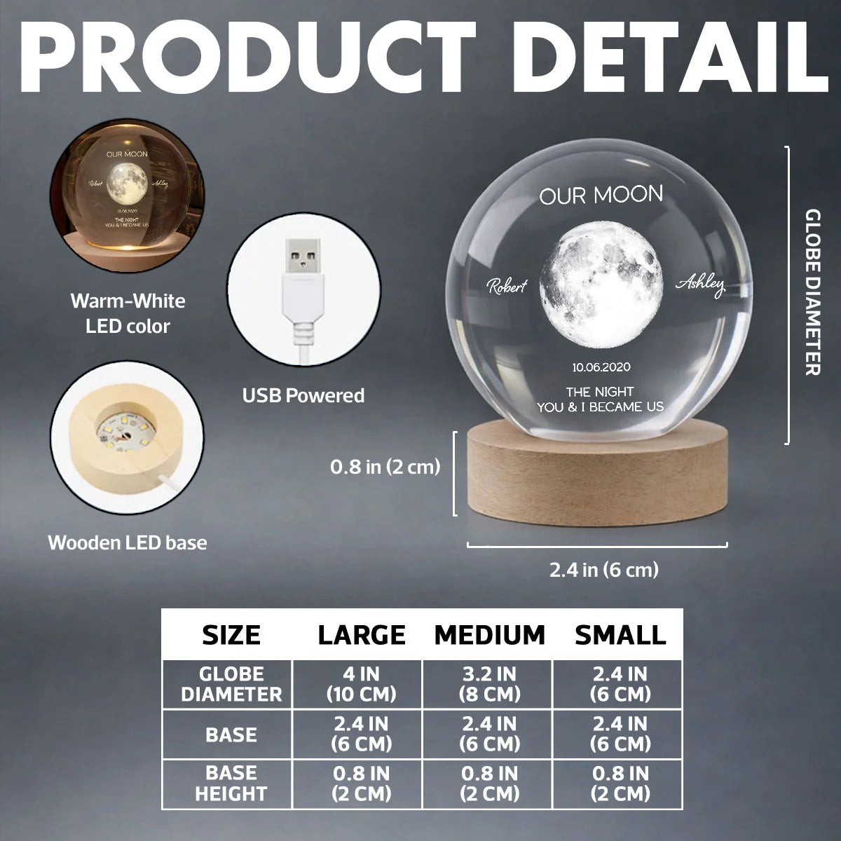 Personalized Moon Phase Crystal Ball Night Light - Custom Date Gift for Mom & Her - Unique Anniversary or Birthday Keepsake
