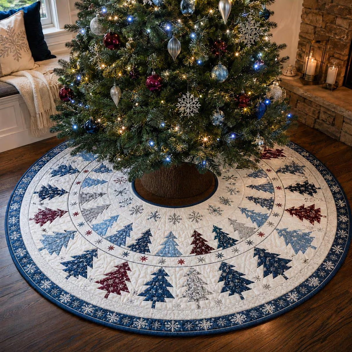 Quilted Christmas Tree Skirt, Patchwork Pine Tree Skirt, Farmhouse Holiday Decor, Rustic Christmas Tree Mat