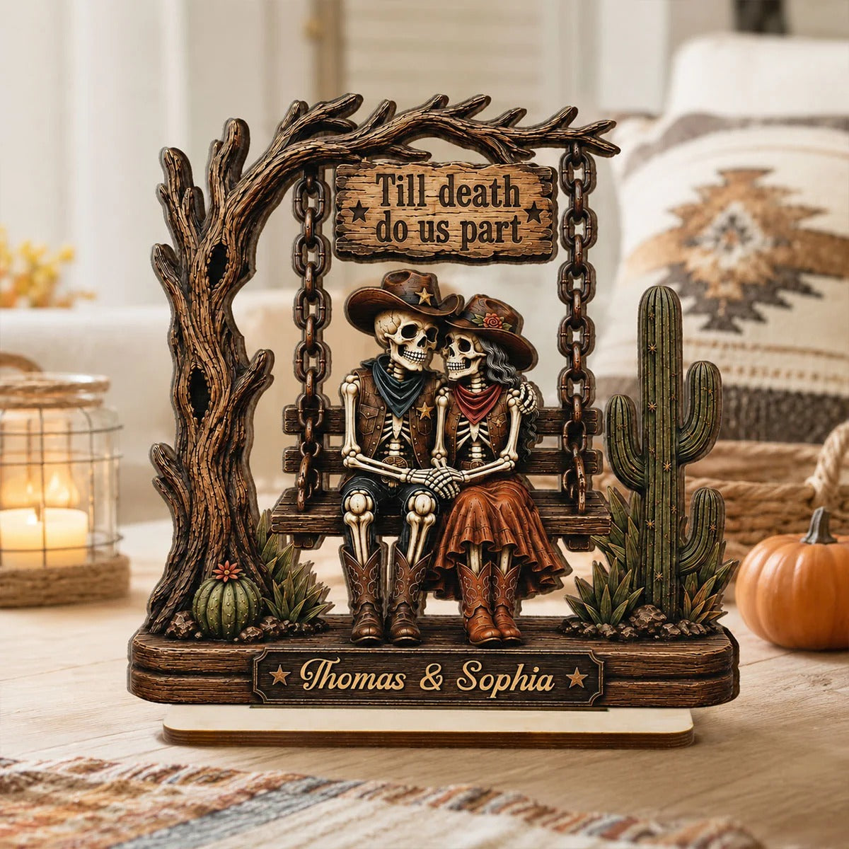 Till Death Do Us Part Cowboy Skeleton Couple 2D Flat - Personalized 2-Layered Wooden Plaque - Western Country Vibe Halloween Decor For Couple
