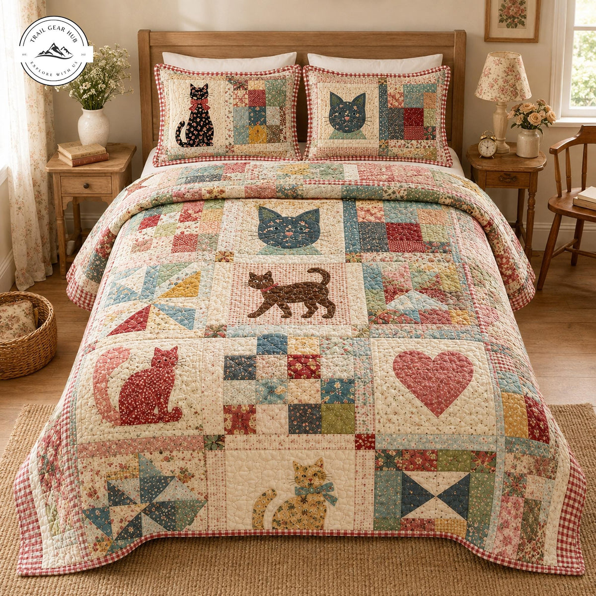 Cozy Vintage Cat Patchwork Quilted Bedding Set TP50
