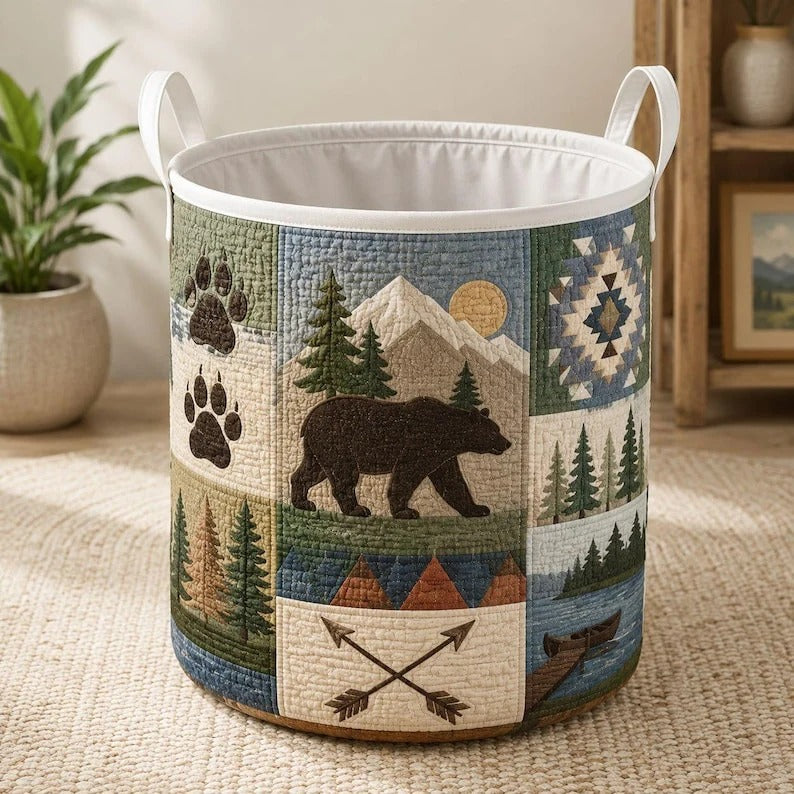 Rustic Bear Quilted Laundry Basket QV18