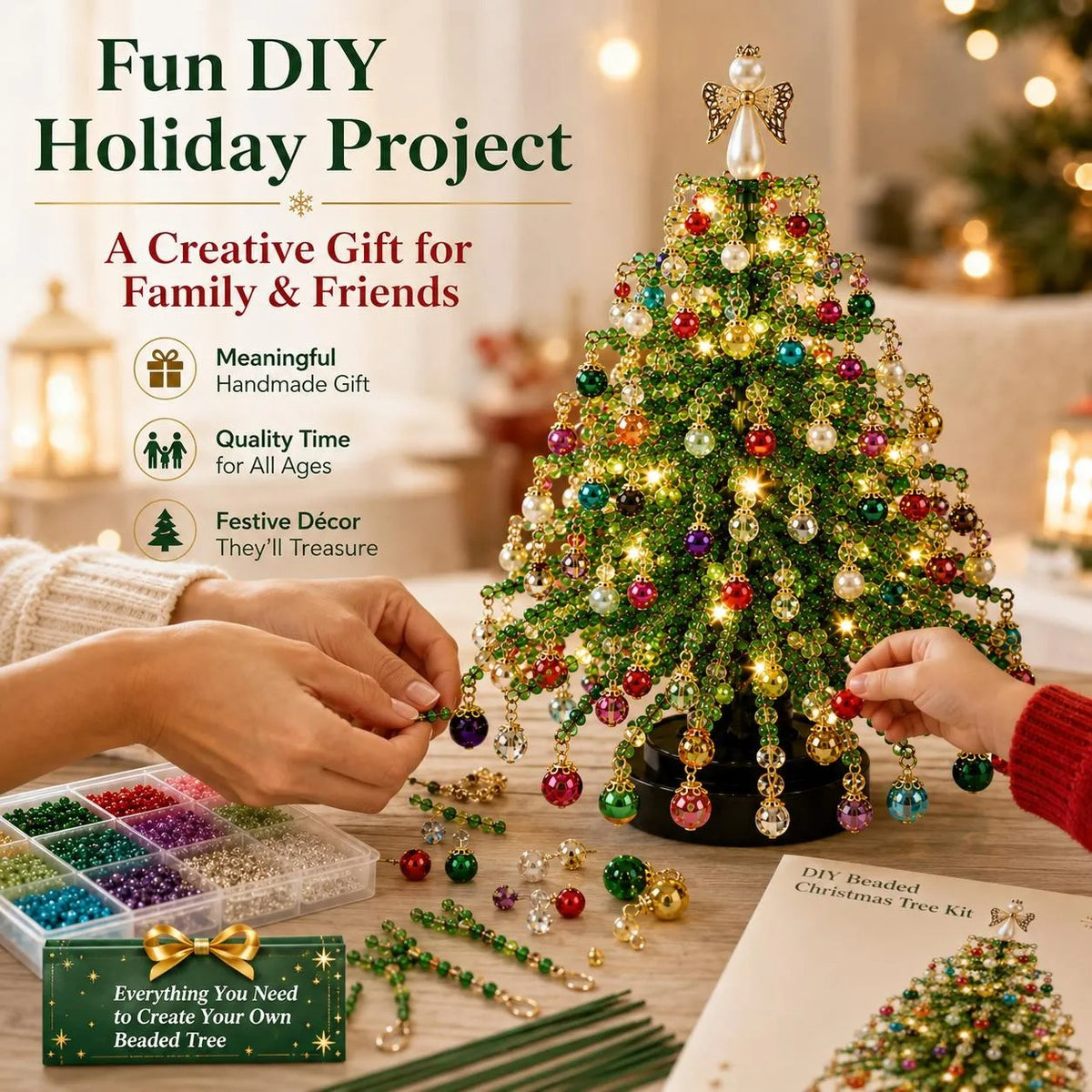DIY Beaded Christmas Tree Kit, Hand‑Made Mini Crystal Bead Xmas Tree Craft Set, Complete Christmas Decoration Making Supplies with Beads, Angel Tree Topper, Base & Accessories, Tabletop Holiday Ornament, Fun DIY Project, Ideal Christmas Gift for Kids & Fa