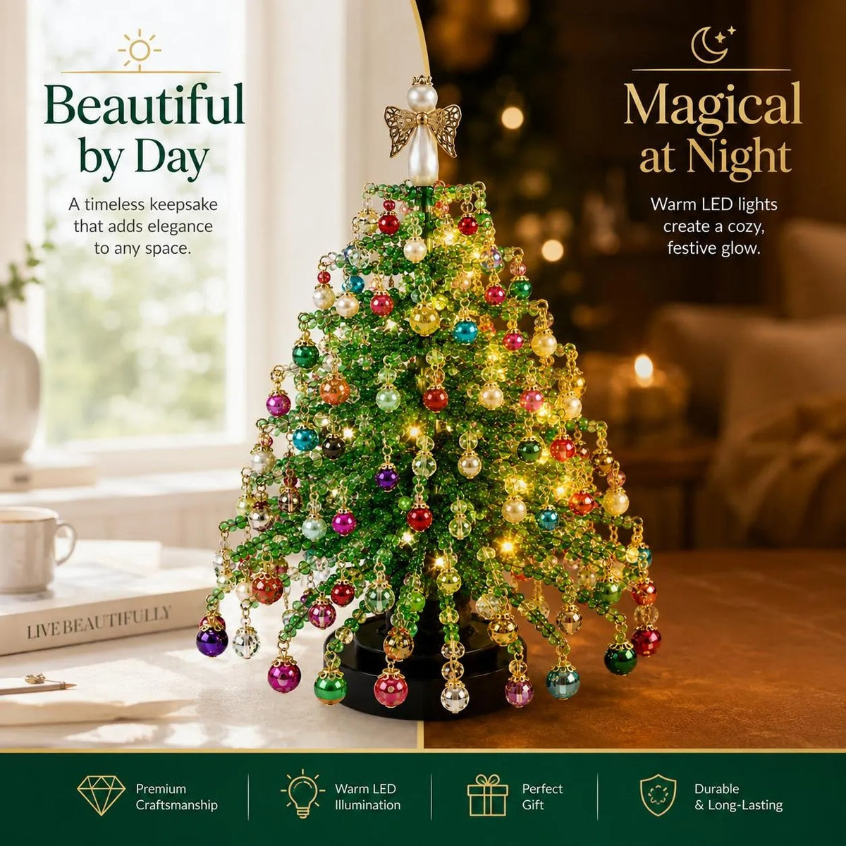 DIY Beaded Christmas Tree Kit, Hand‑Made Mini Crystal Bead Xmas Tree Craft Set, Complete Christmas Decoration Making Supplies with Beads, Angel Tree Topper, Base & Accessories, Tabletop Holiday Ornament, Fun DIY Project, Ideal Christmas Gift for Kids & Fa